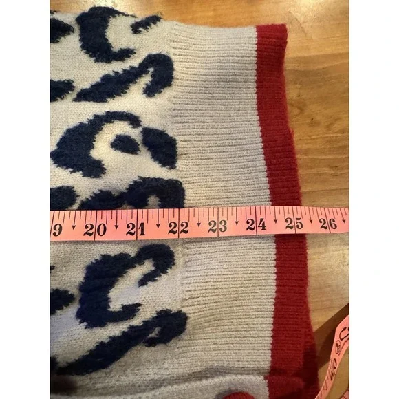 Leopard Print Taupe Navy Blue Cardigan Red Buttons *No Size Tag See Measurements - Picture 8 of 9